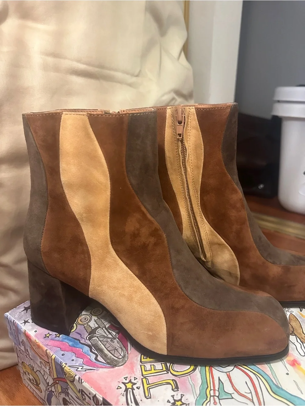 Jeffrey Campbell Lava Lamp Boots - Suede Colorblock Ankle Boots in Brown and Tan